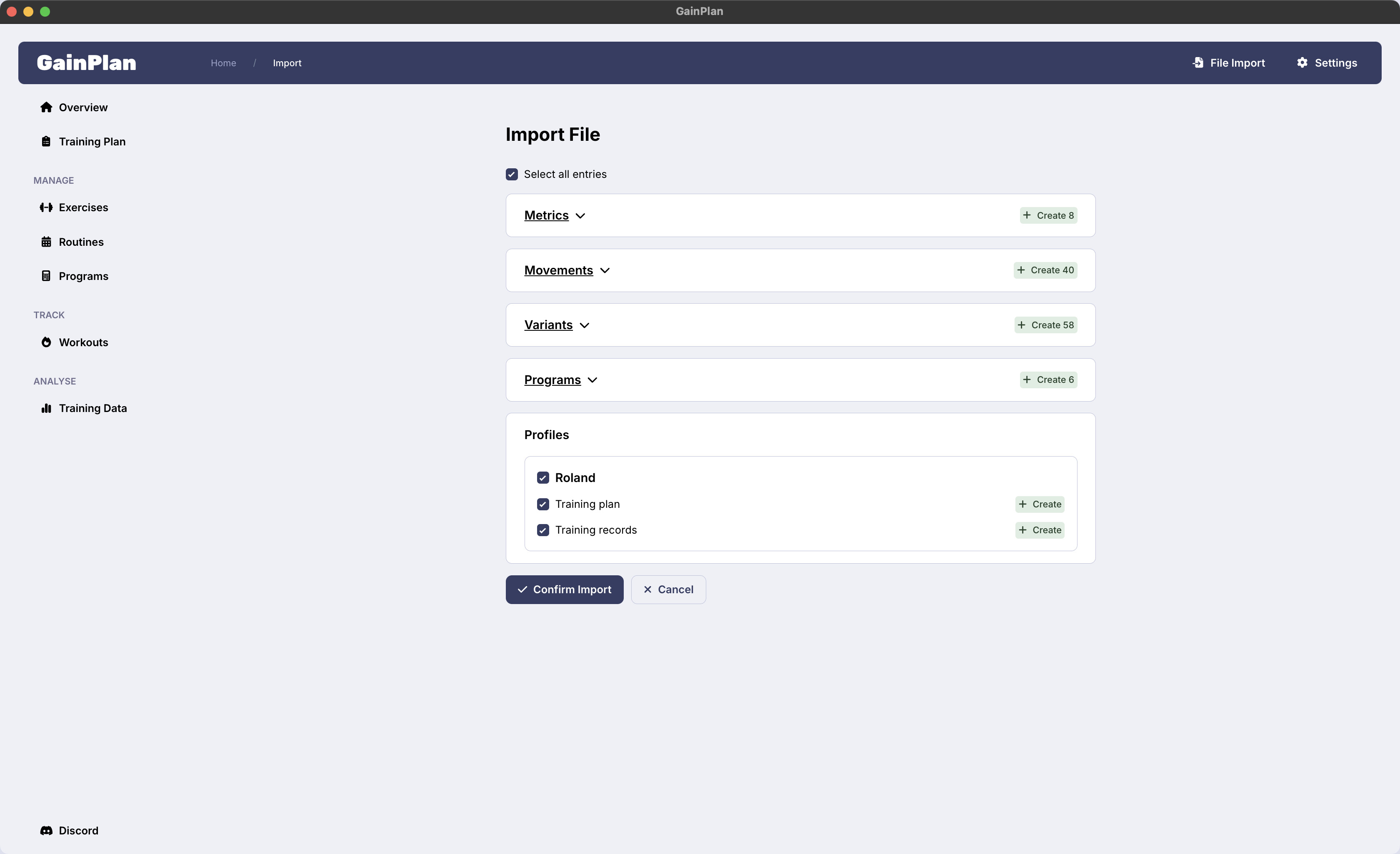 GainPlan file import screenshot