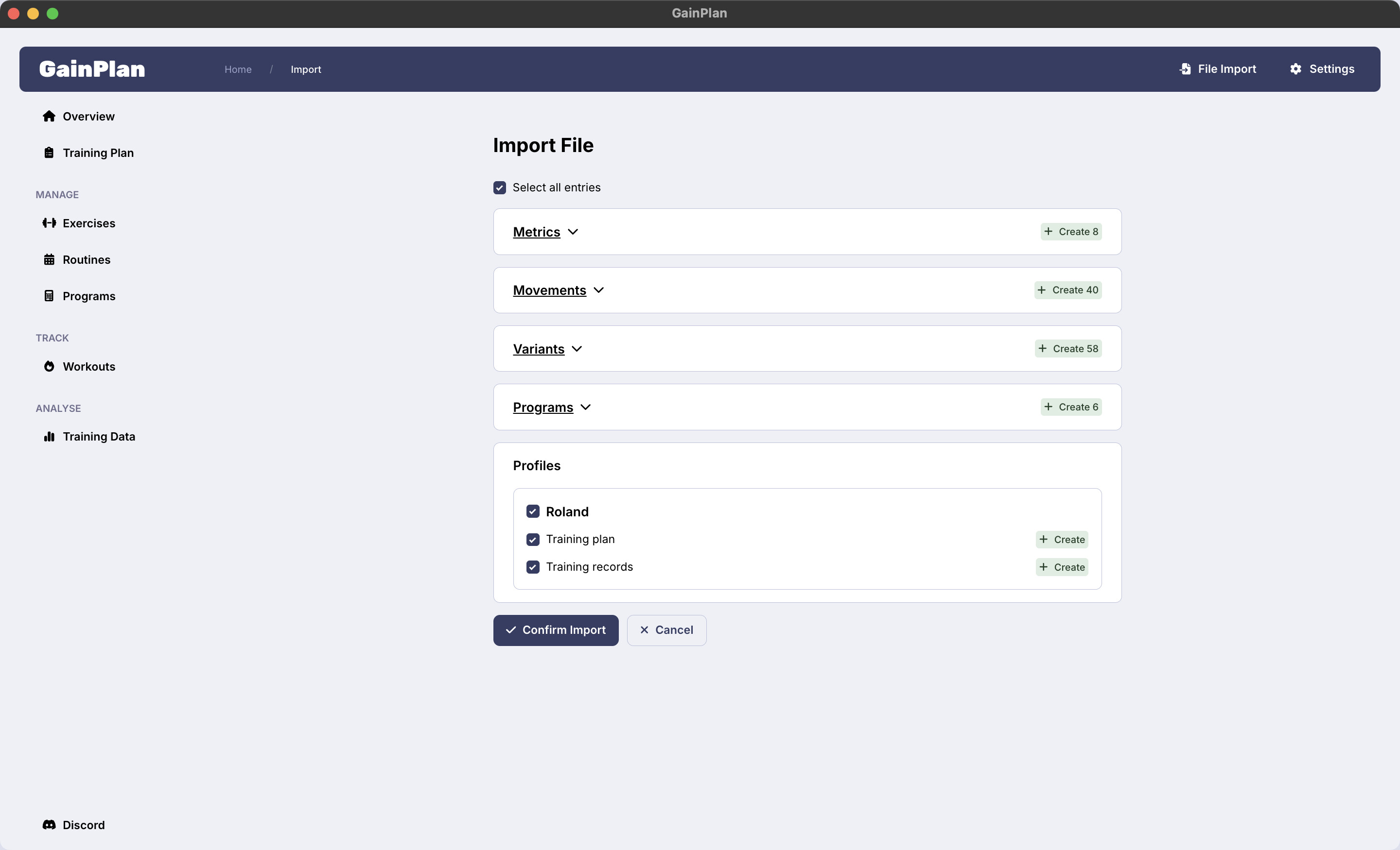GainPlan file import screenshot