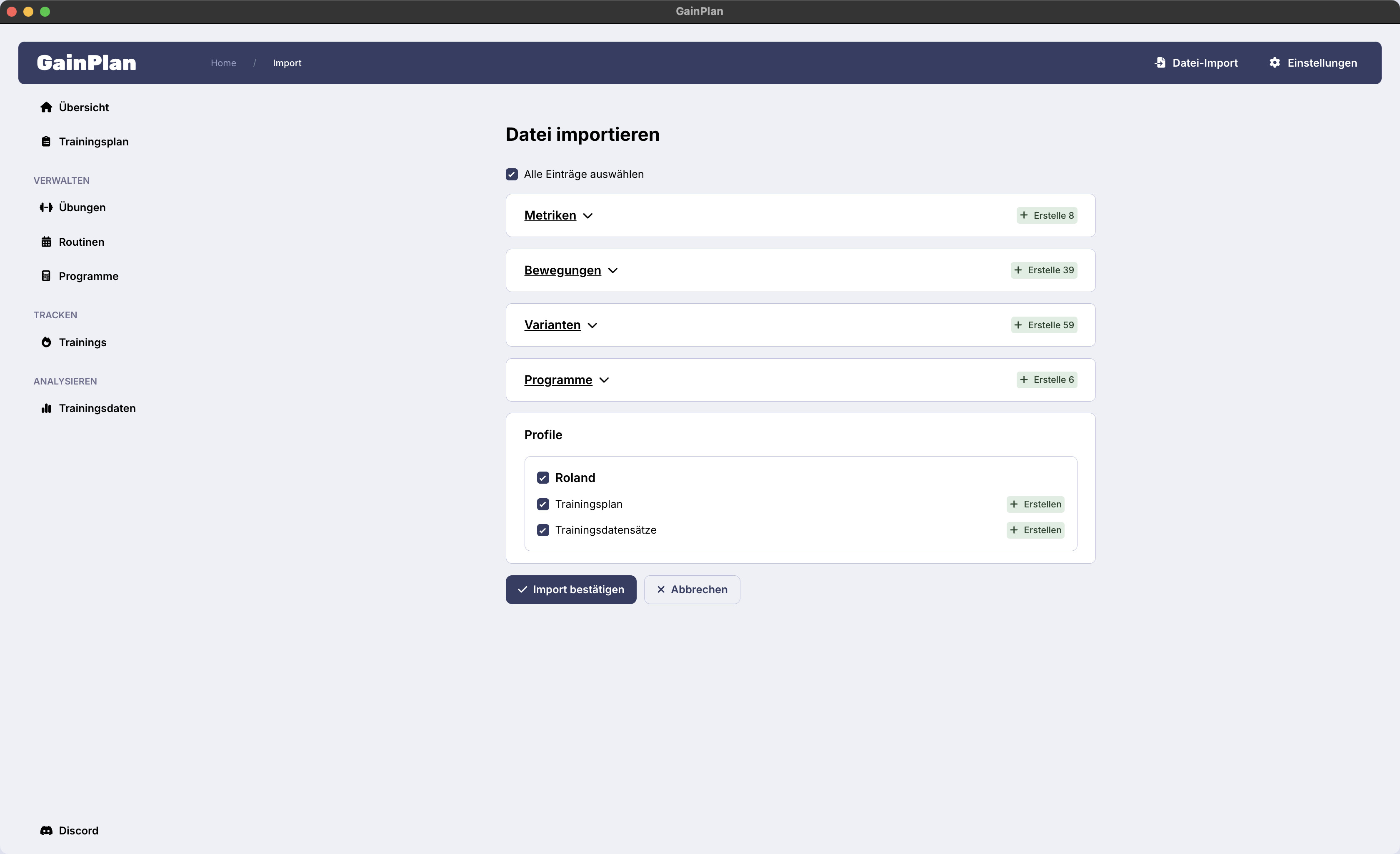 Screenshot des GainPlan Datei-Imports