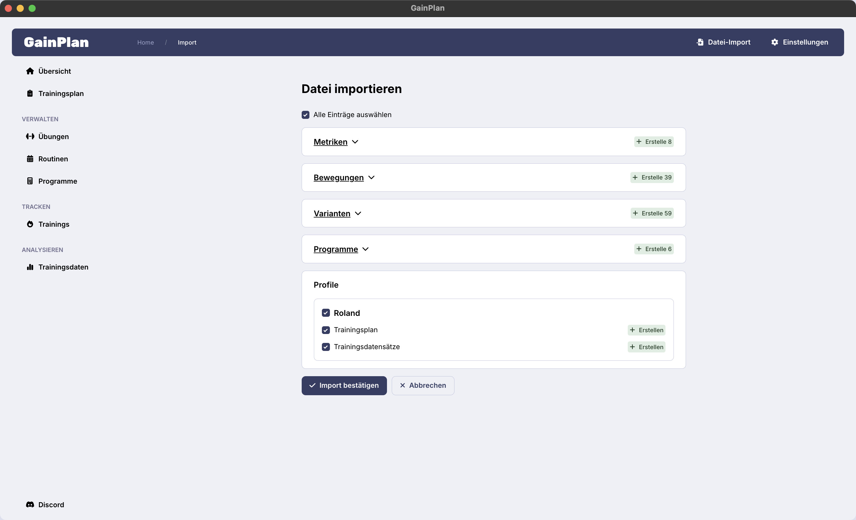 Screenshot des GainPlan Datei-Imports