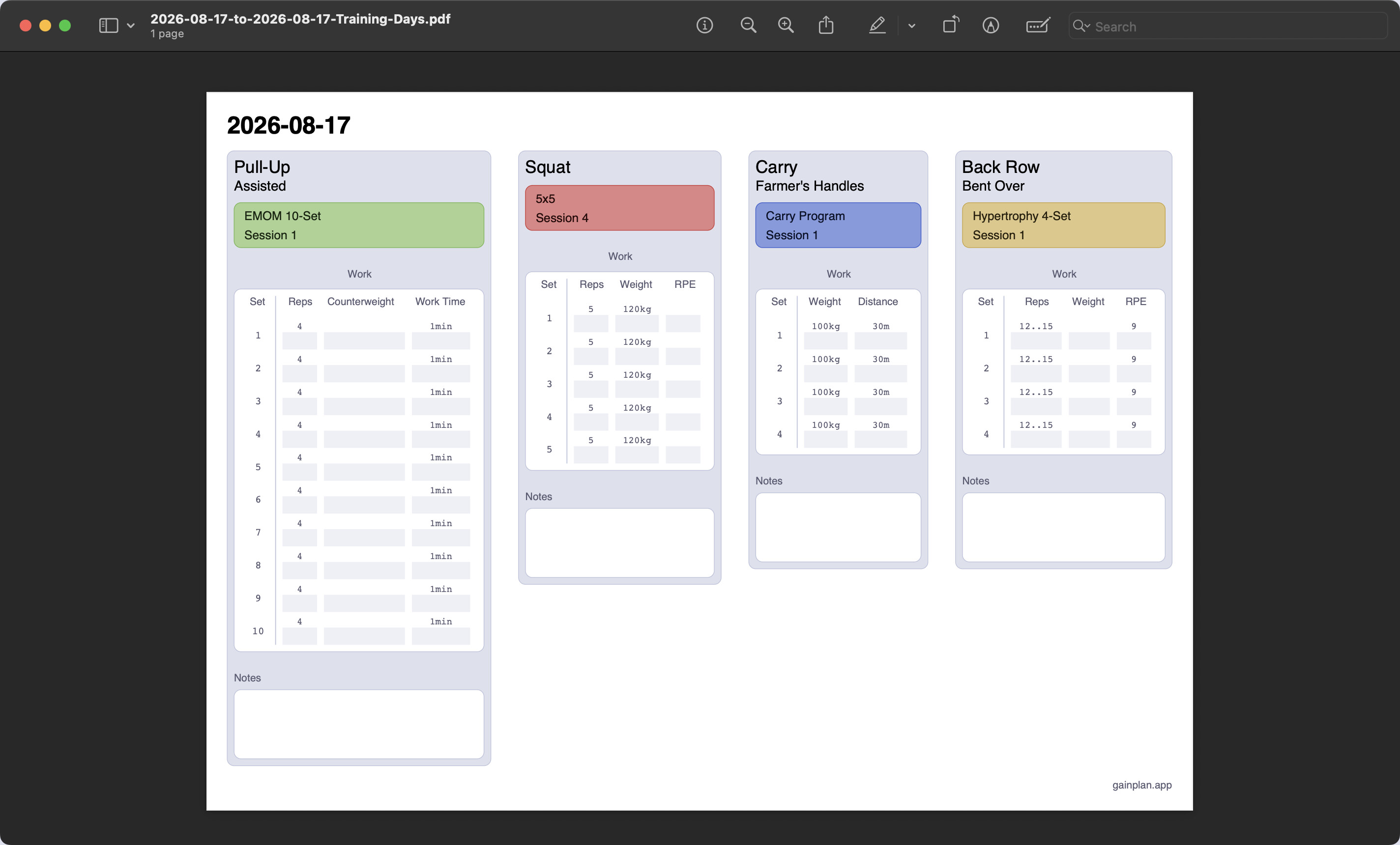 GainPlan PDF export screenshot