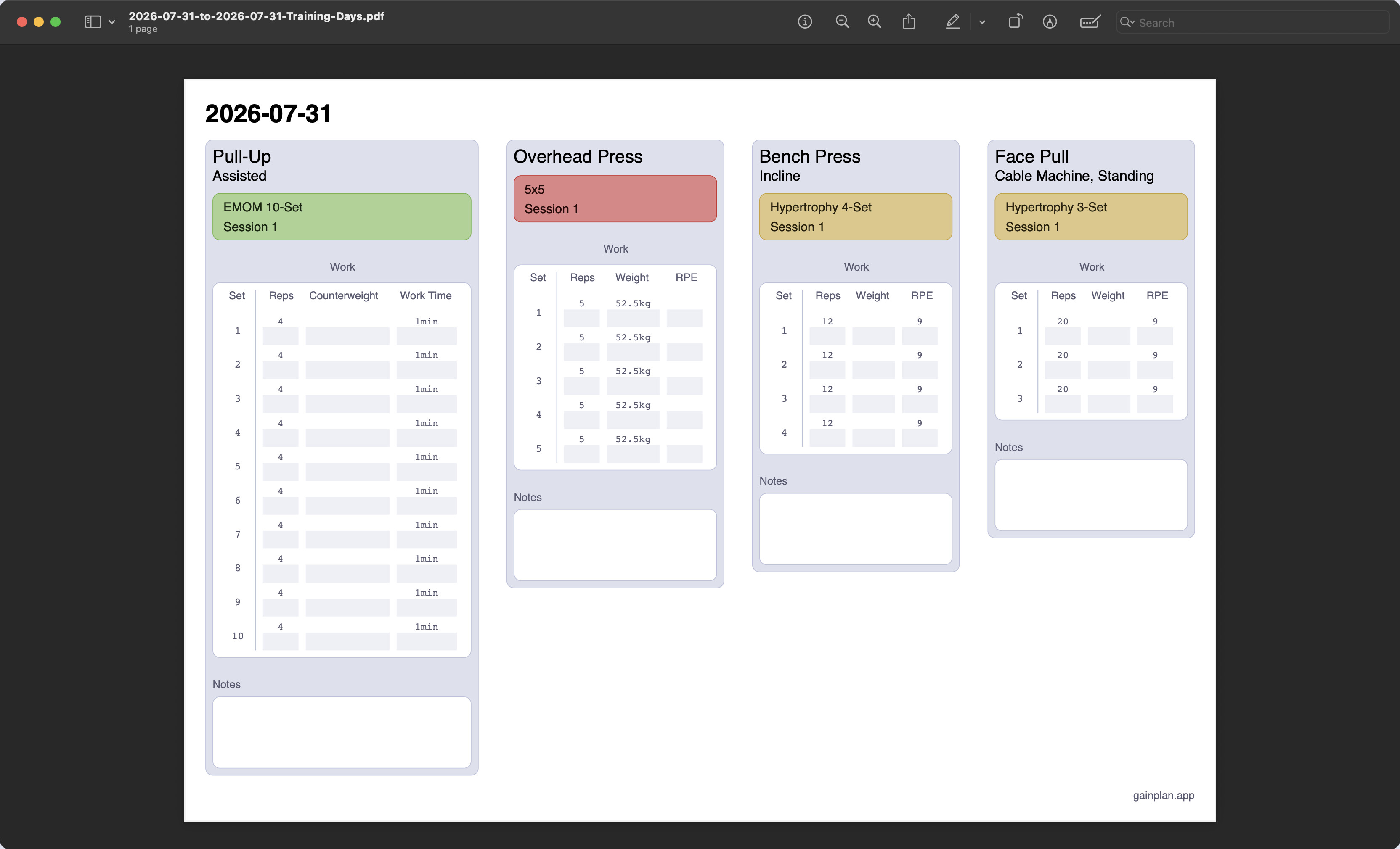 GainPlan PDF export screenshot