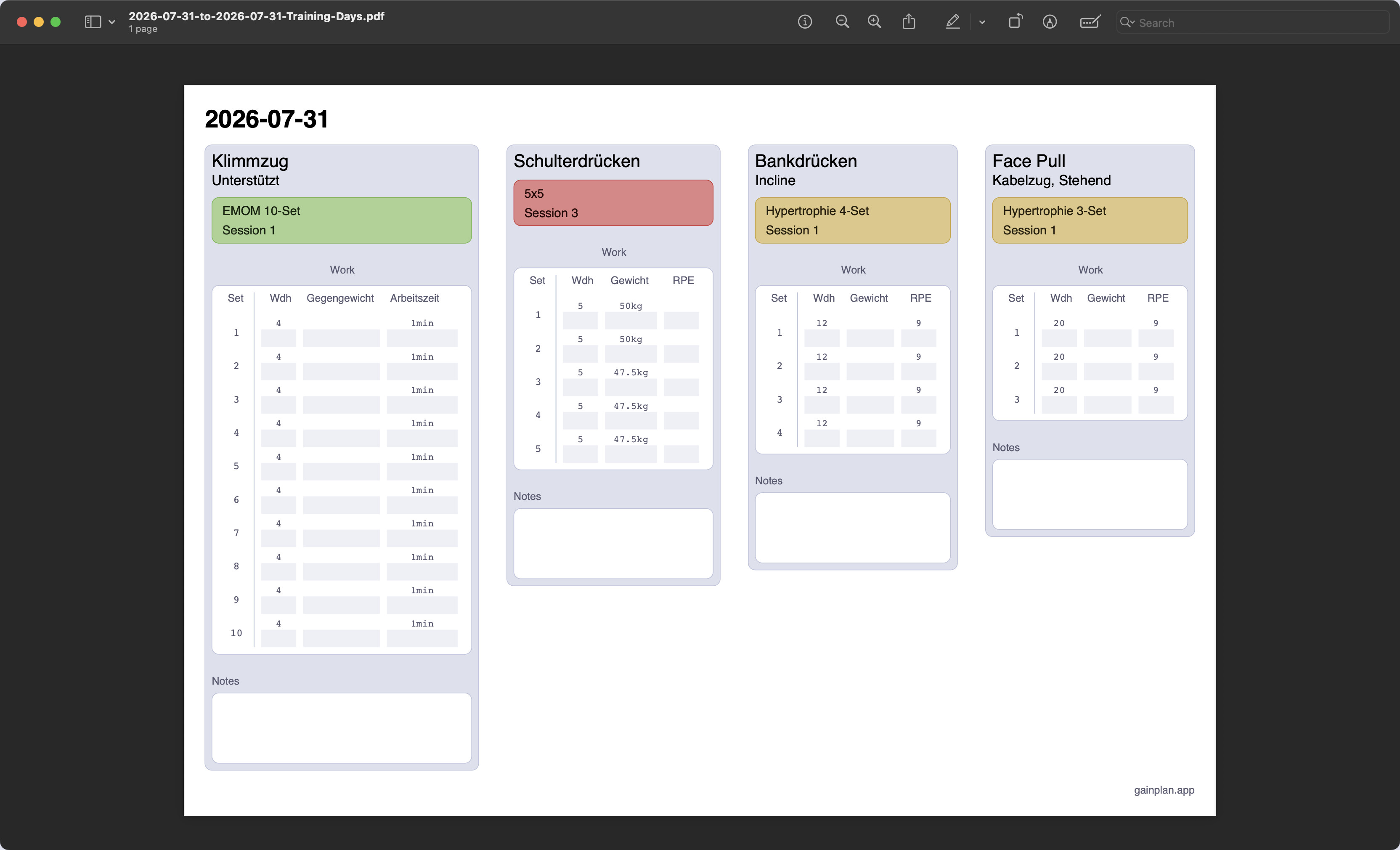 Screenshot des GainPlan PDF-Exports
