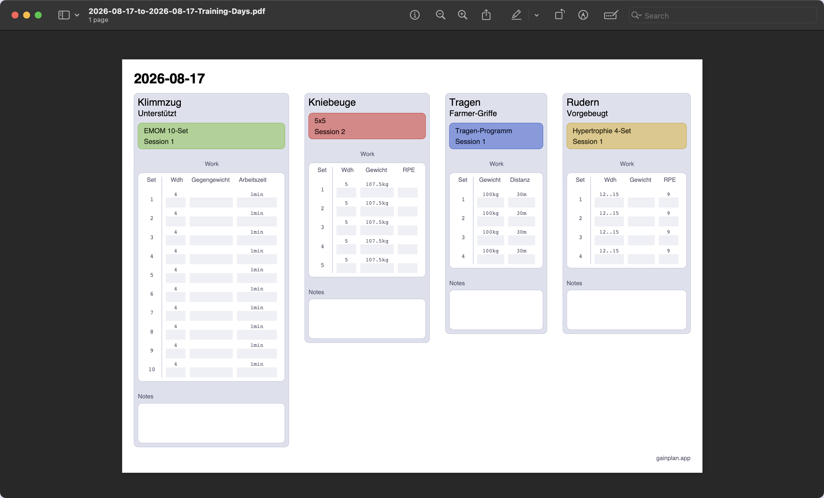 Screenshot des GainPlan PDF-Exports