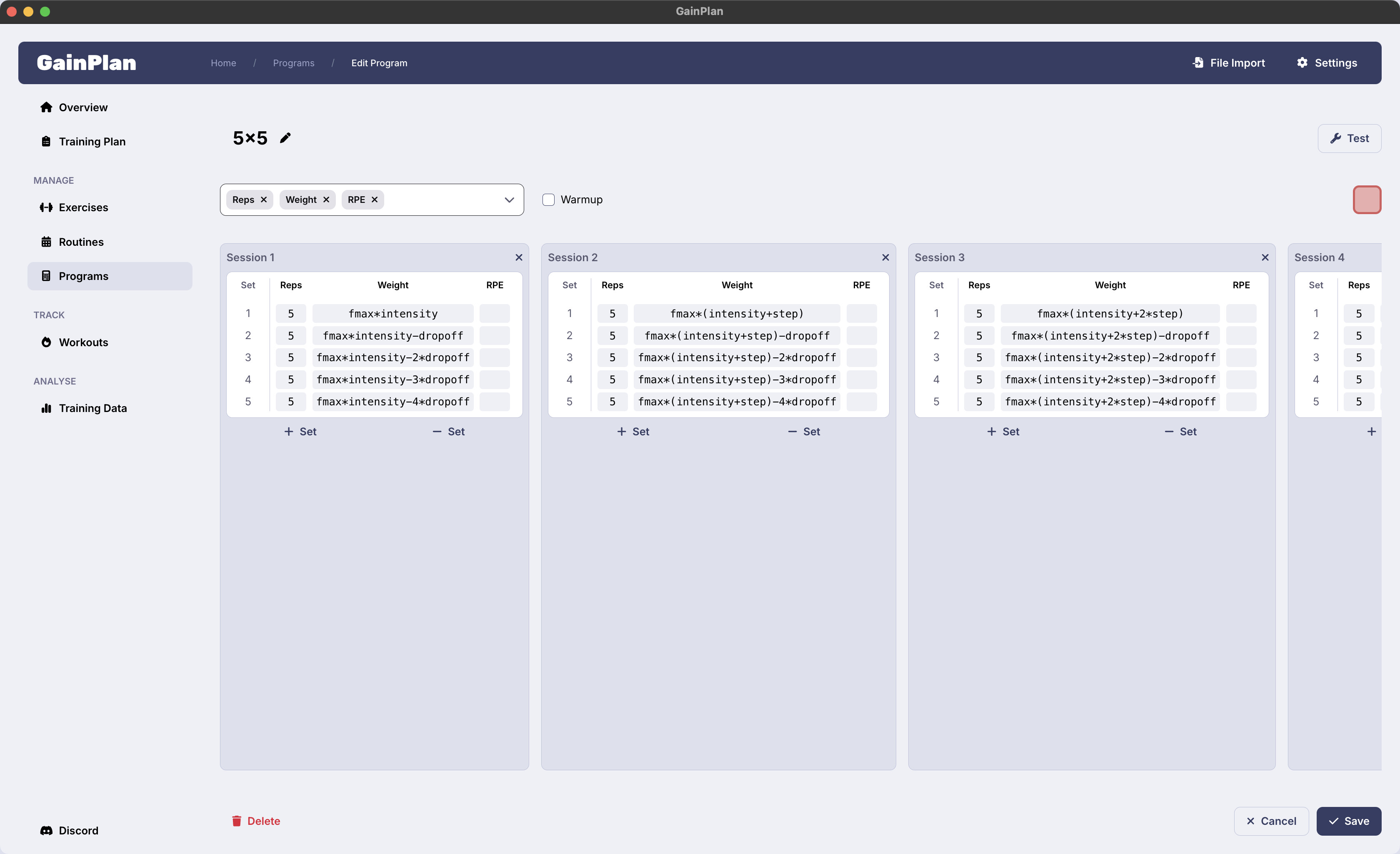 GainPlan program editor screenshot