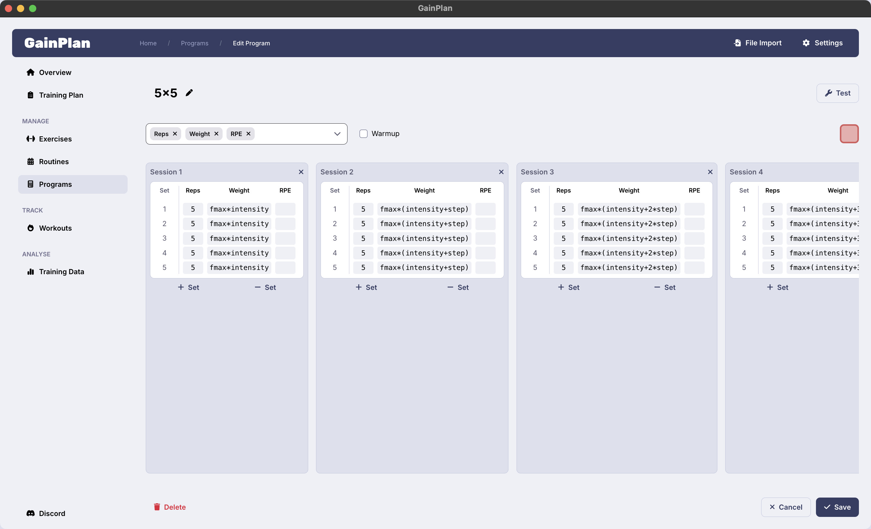 GainPlan program editor screenshot