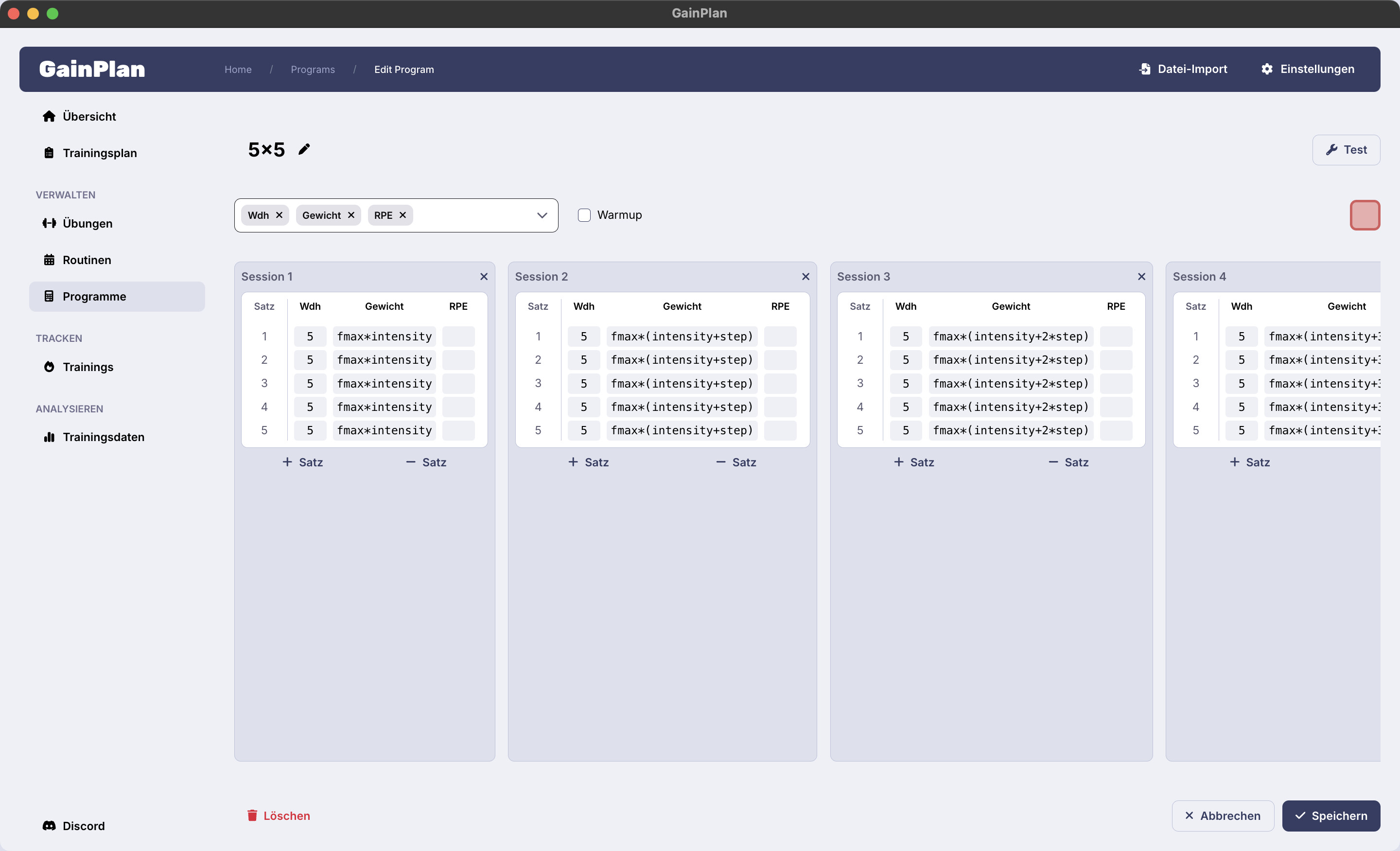 Screenshot der GainPlan Programm-Editors