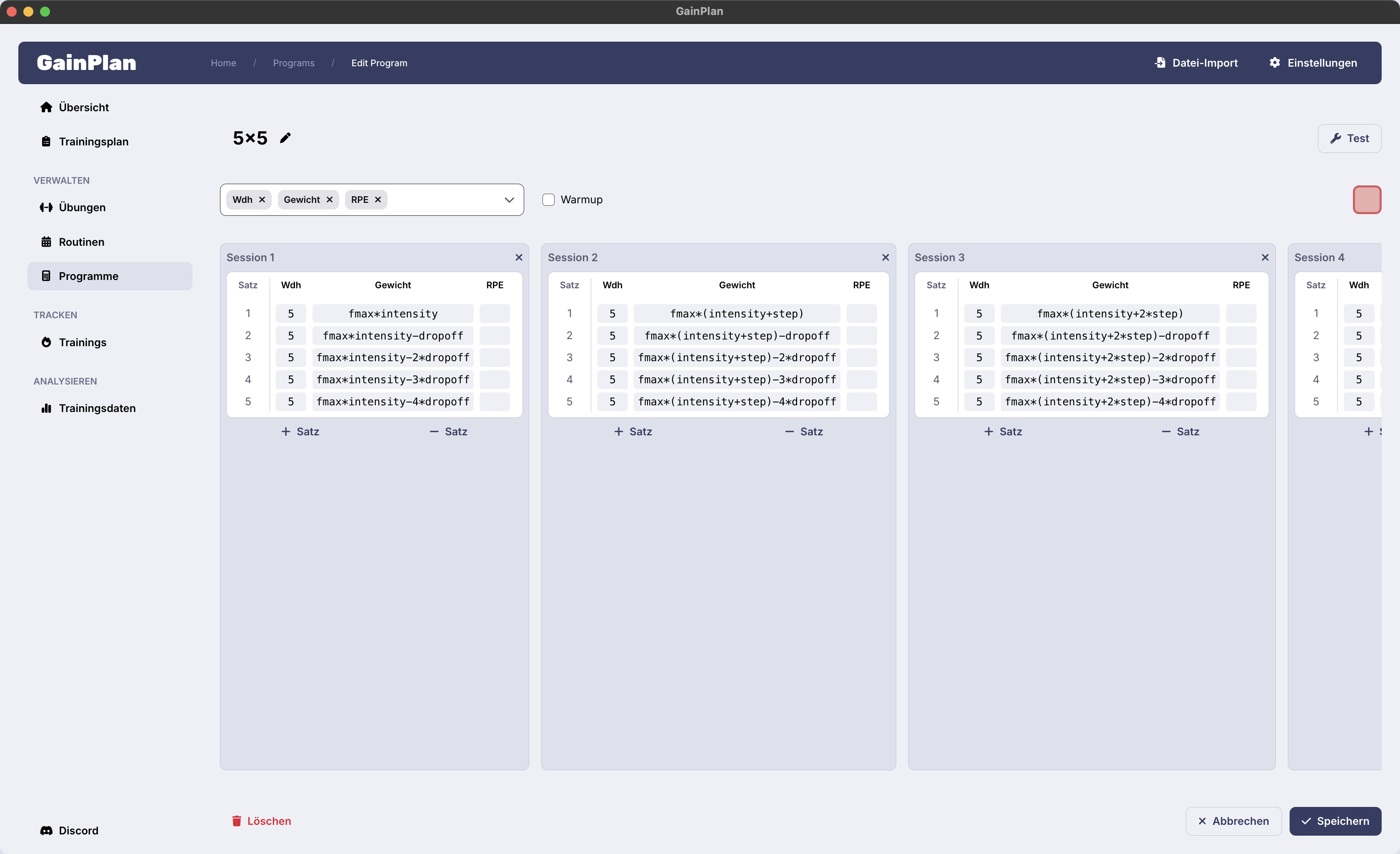 Screenshot der GainPlan Programm-Editors
