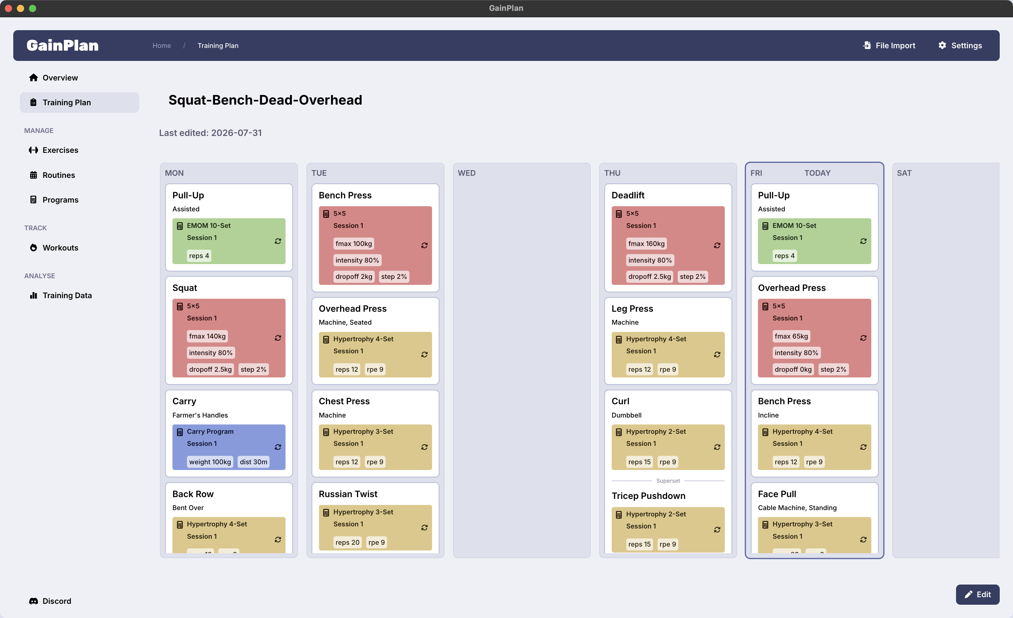 GainPlan routine editor screenshot