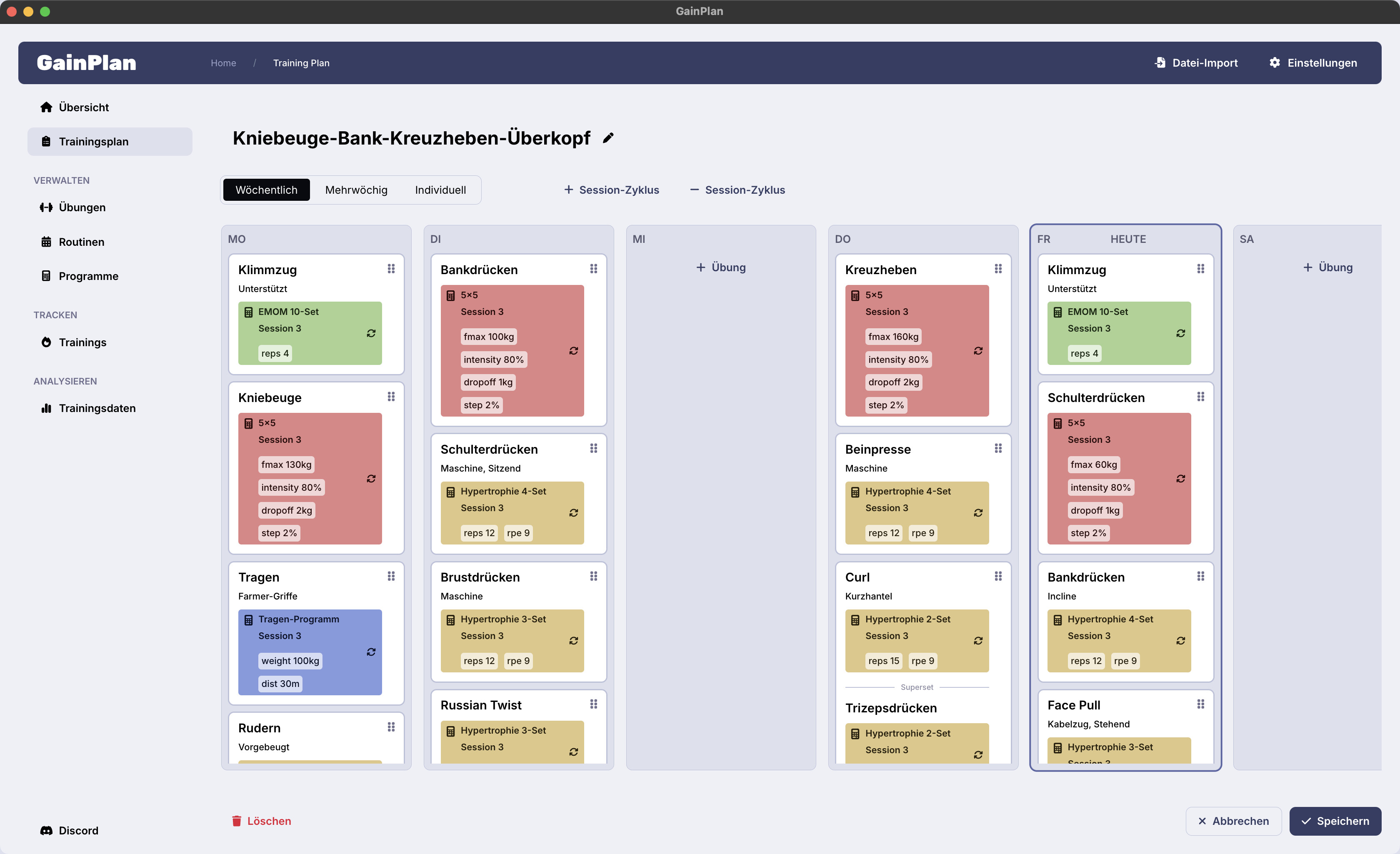 Screenshot des GainPlan Routinen-Editors
