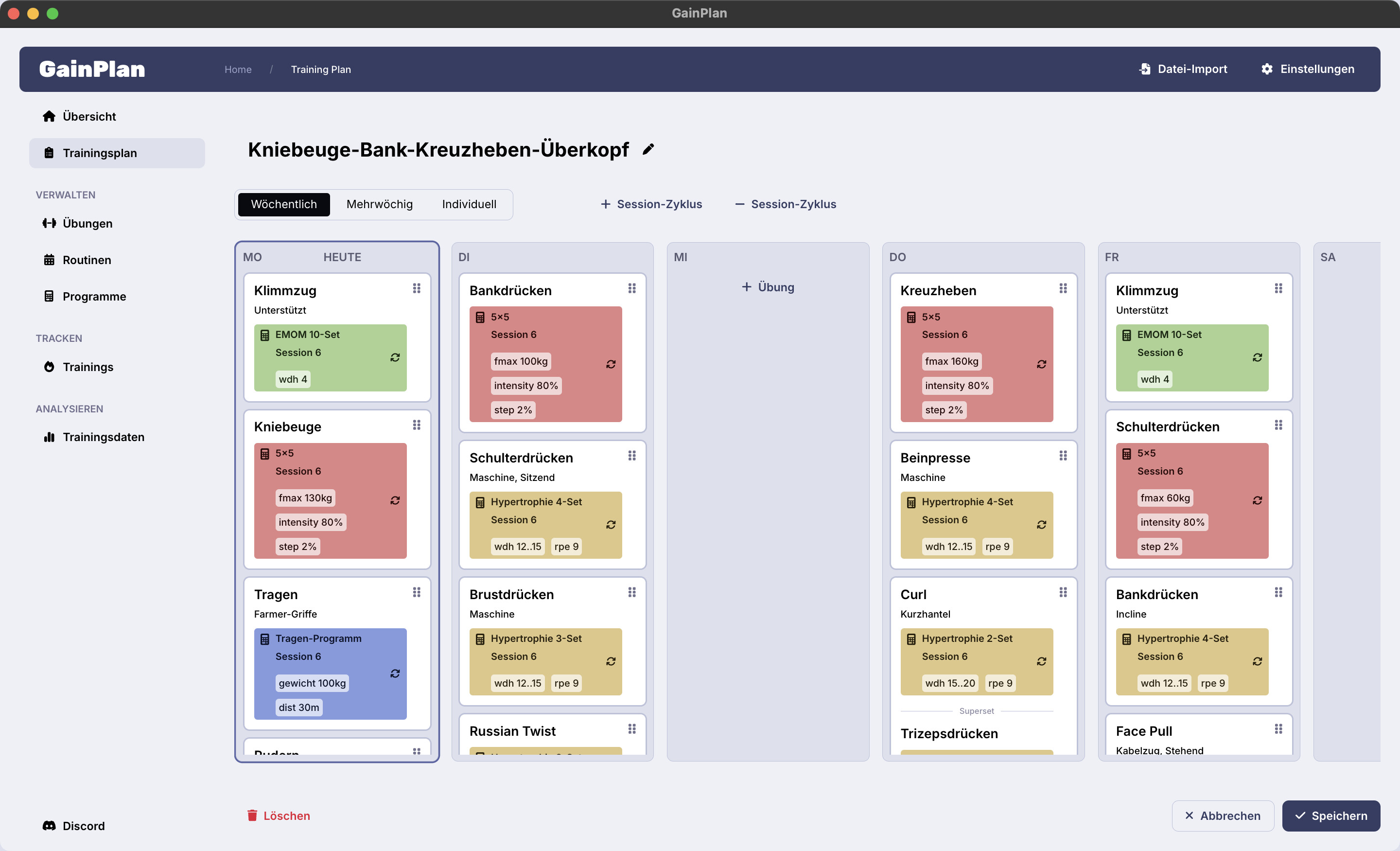 Screenshot des GainPlan Routinen-Editors