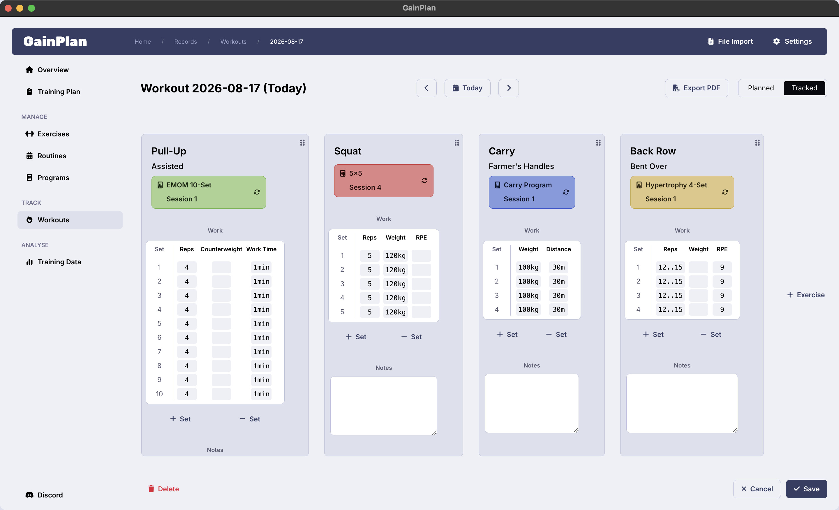 GainPlan workout tracking screenshot