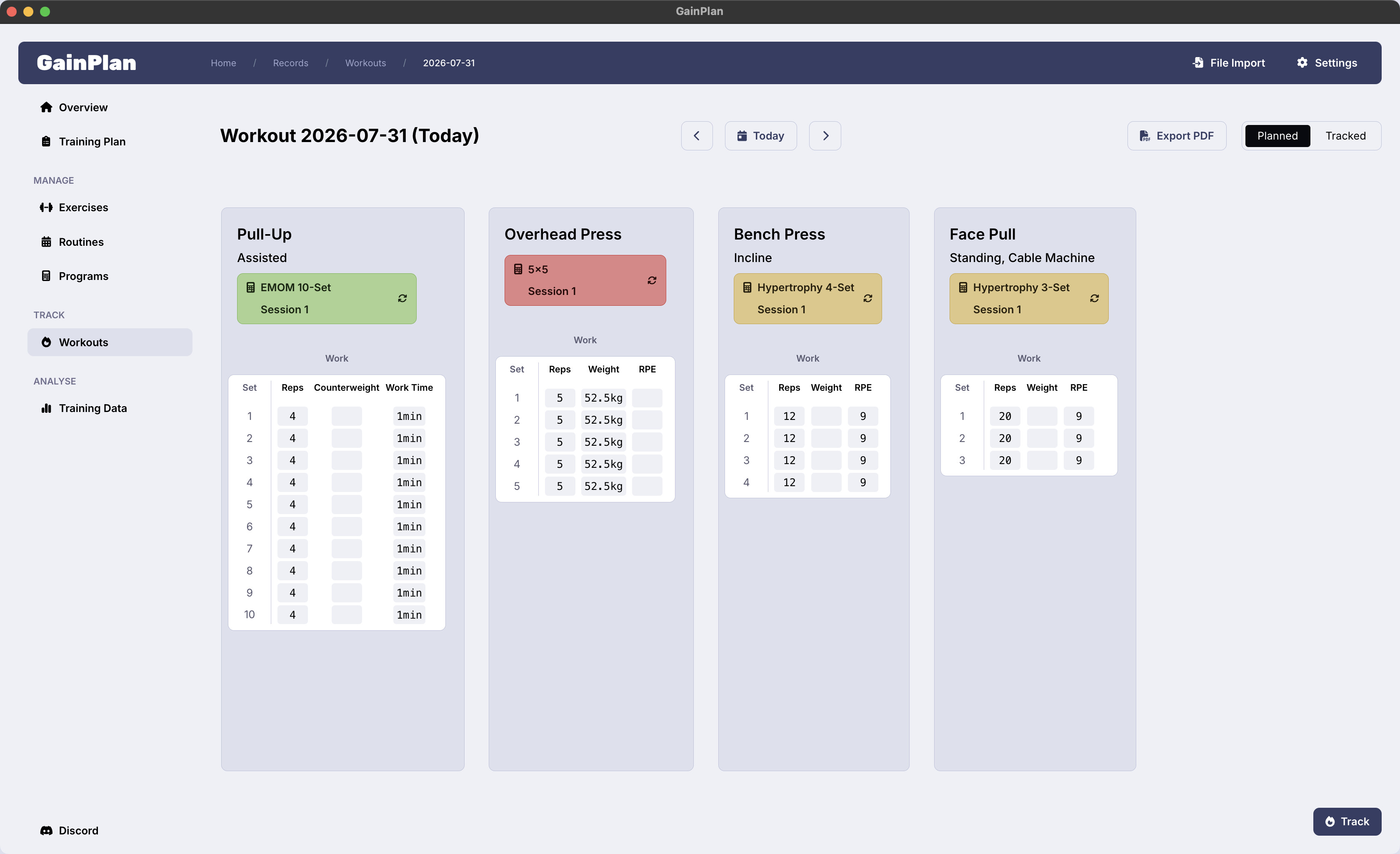 GainPlan workout tracking screenshot