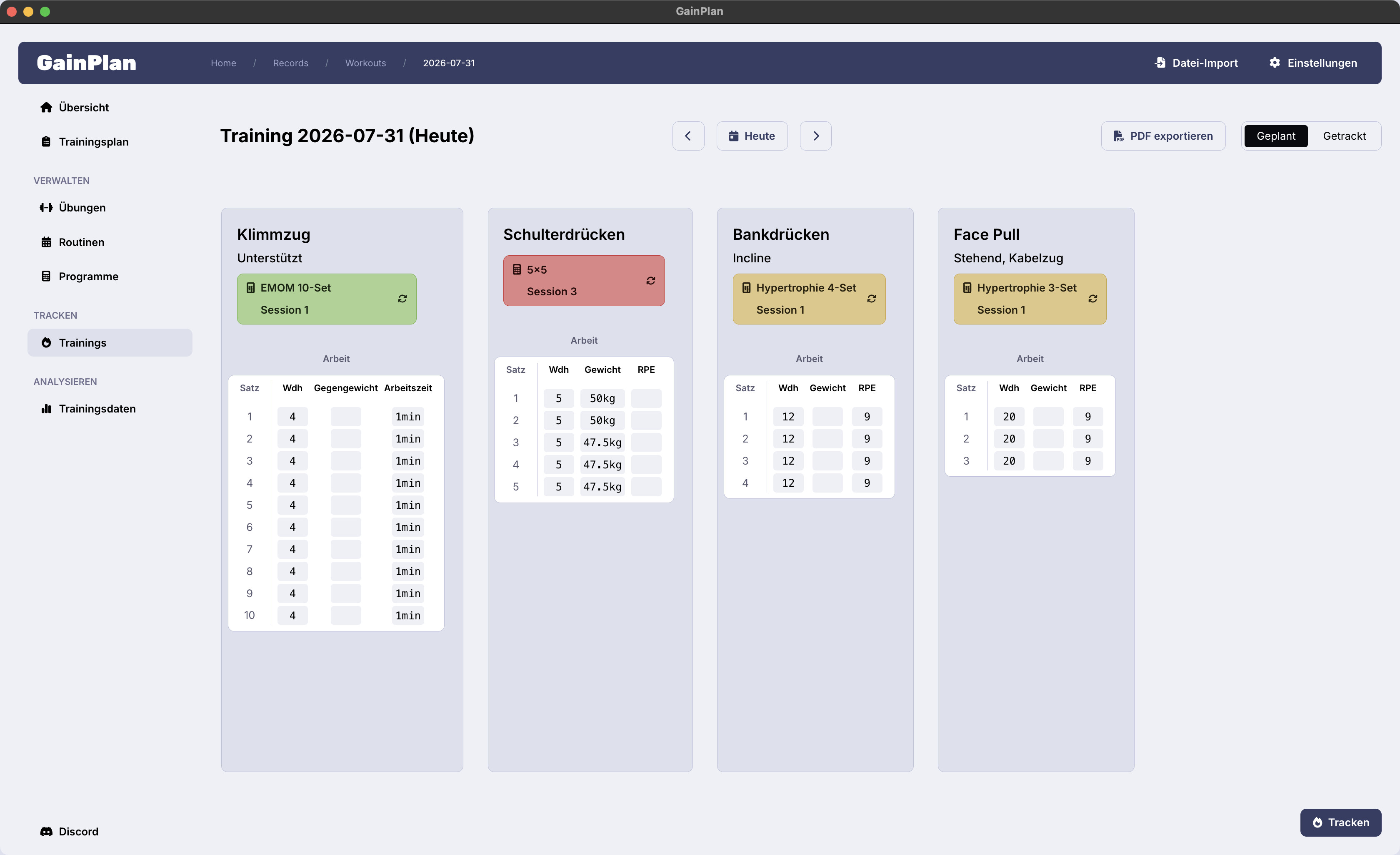 Screenshot des GainPlan Workout-Trackings