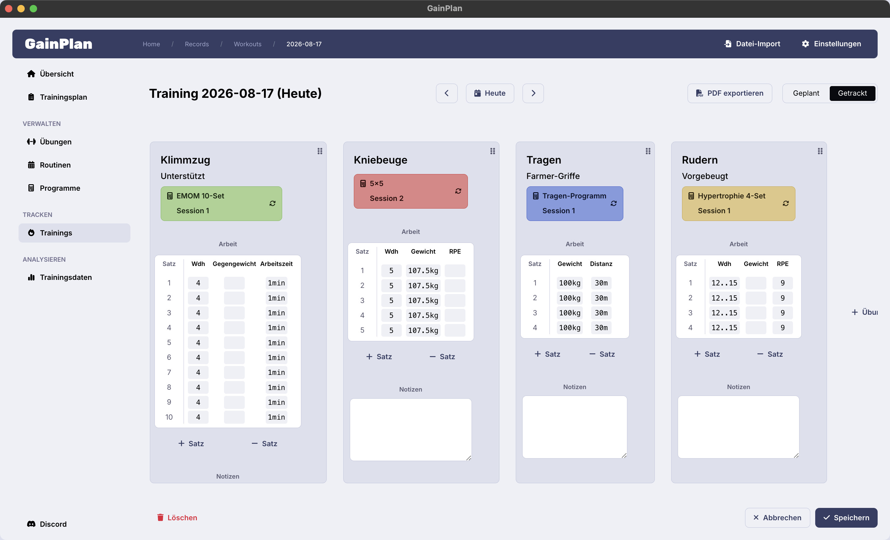 Screenshot des GainPlan Workout-Trackings